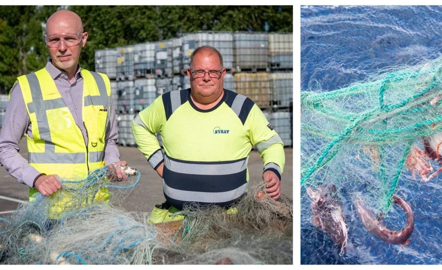 garn Utlandsveteranen Nicklas Malmsten (till höger) vid lastningen av fiskenät som snart är på väg till Ukraina.
