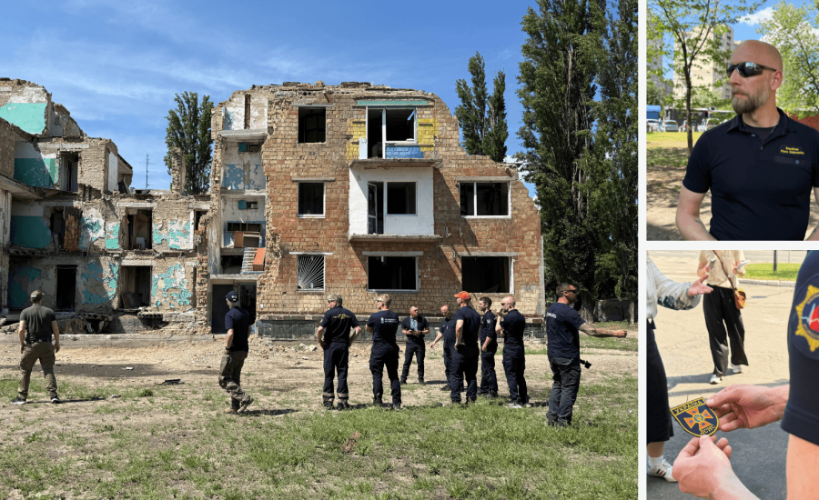 Svenska brandmän har rest till Ukraina för att utbyta erfarenheter med ukrainsk räddningstjänst och lära av räddningsarbetet under pågående krig. Foto: Maria Norell och Madeleine Filander/ MCF